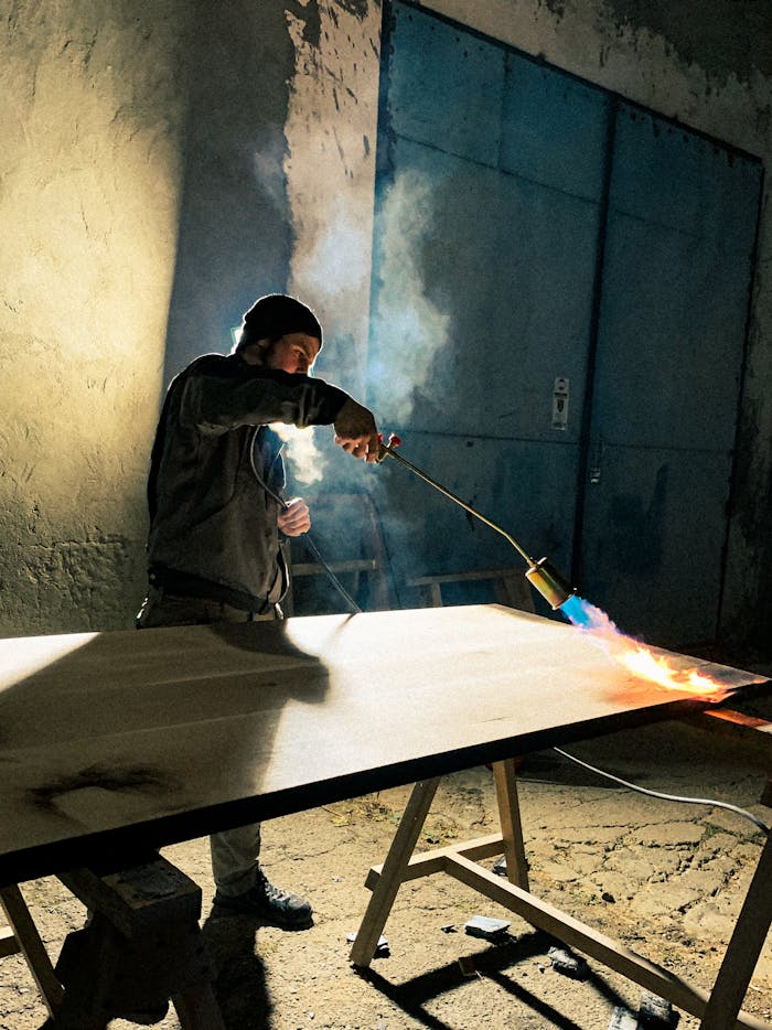 about-03 A metalworker uses a torch to heat metal on a workbench in an industrial setting.